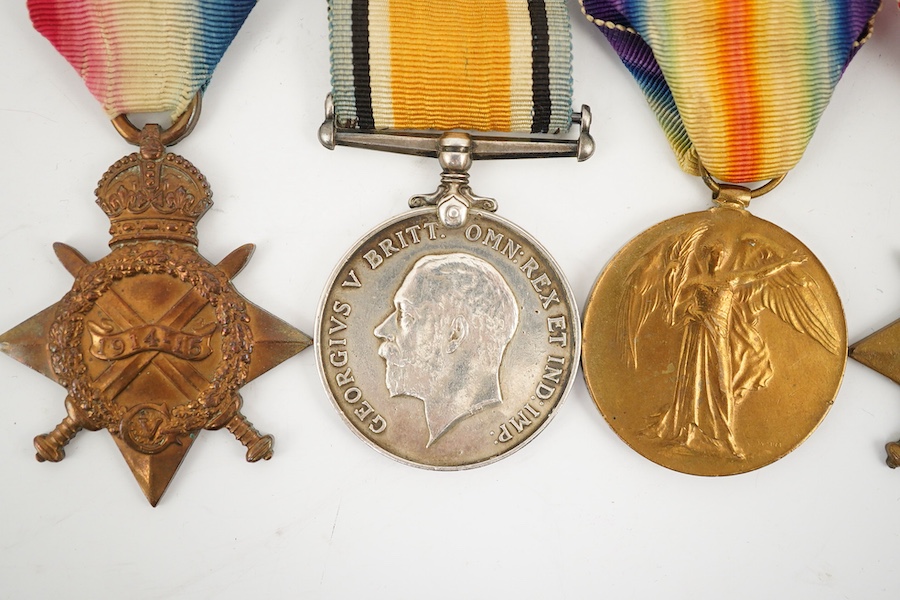 Seven First World War medals, including a Military Medal (MM) group comprising of an MMand a 1914 Star awarded to 7993 Pte. W. Grundy 1/R. SC. FUS., Military Medal possibly renamed, together with a WWI trio awarded to 22